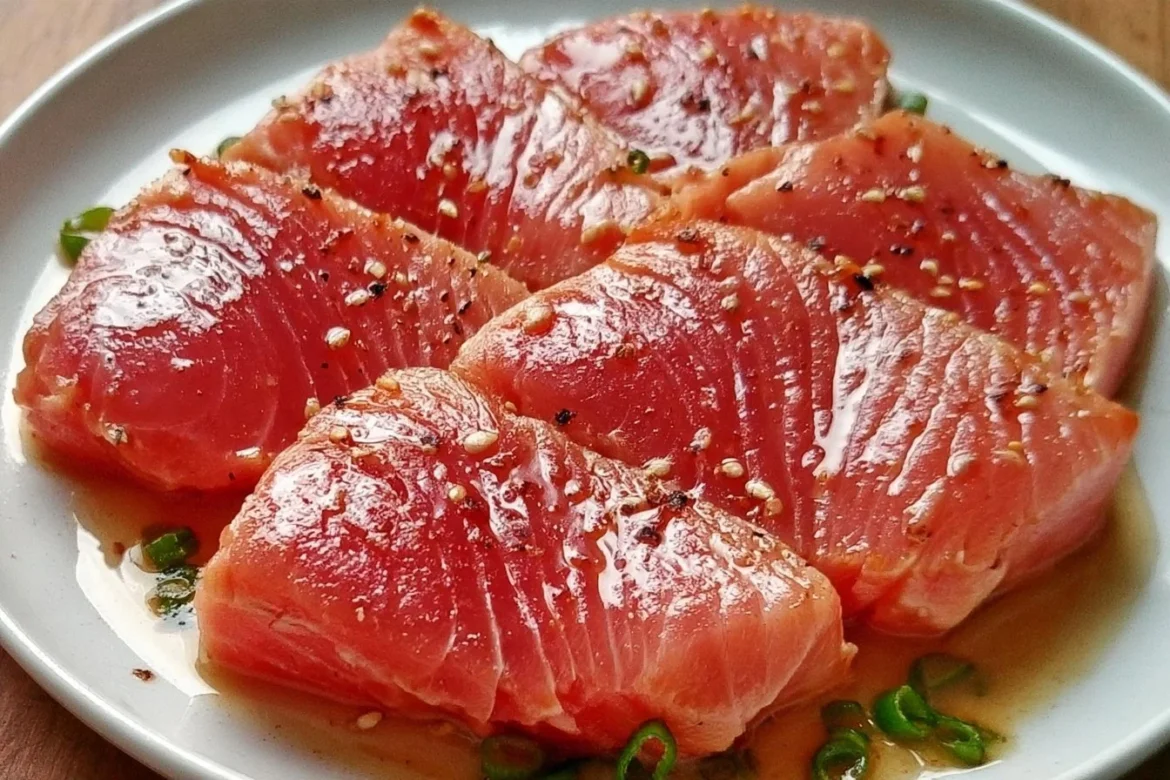 Seared Yellowfin Tuna on a plate with garnishes, showcasing a delicious seafood recipe.