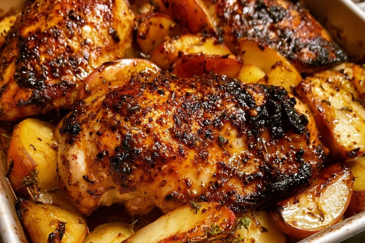 Baked Apple Honey Dijon Chicken Breasts garnished with fresh herbs