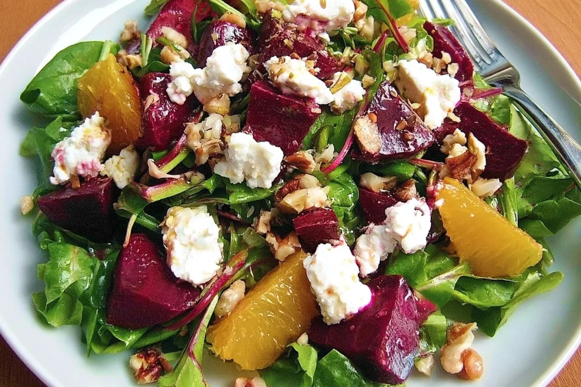A colorful beet goat cheese salad with fresh greens and walnuts.
