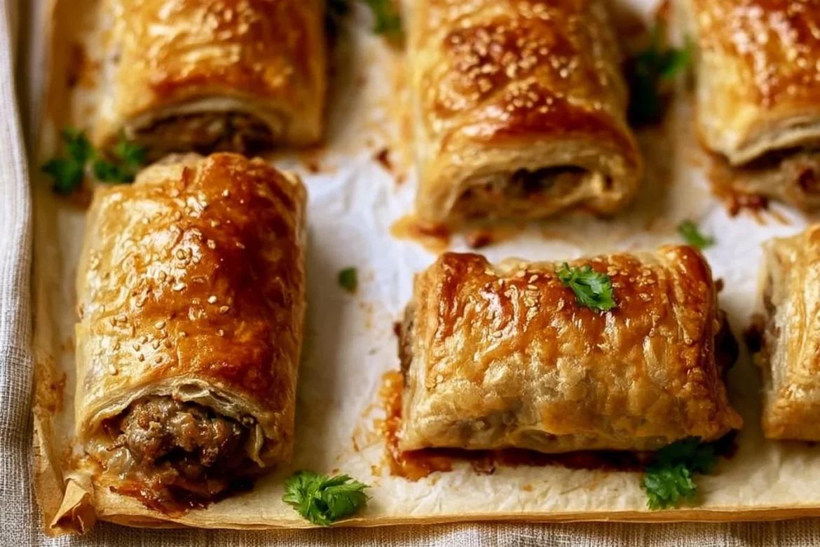 Homemade British sausage rolls on a wooden board, golden and flaky.