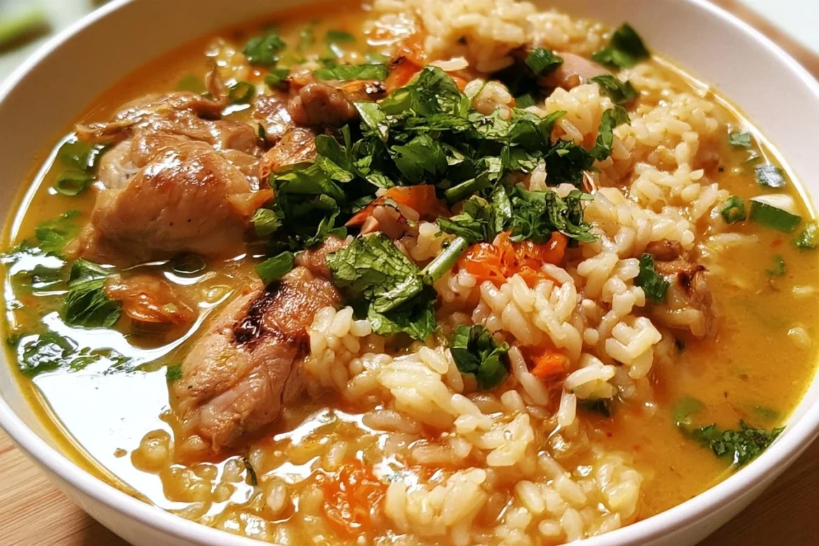 Delicious bowl of brothy rice with herbs and vegetables garnished on top