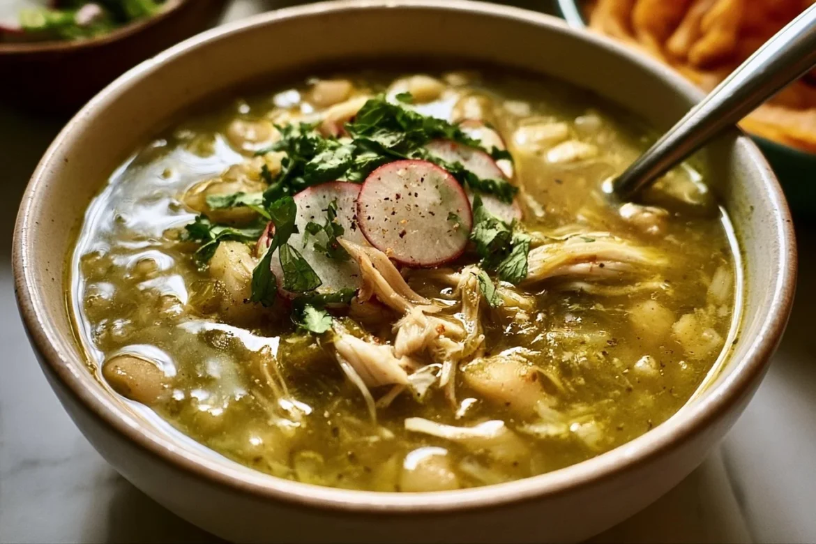 Bowl of Chicken Pozole Verde Soup topped with fresh herbs and radishes