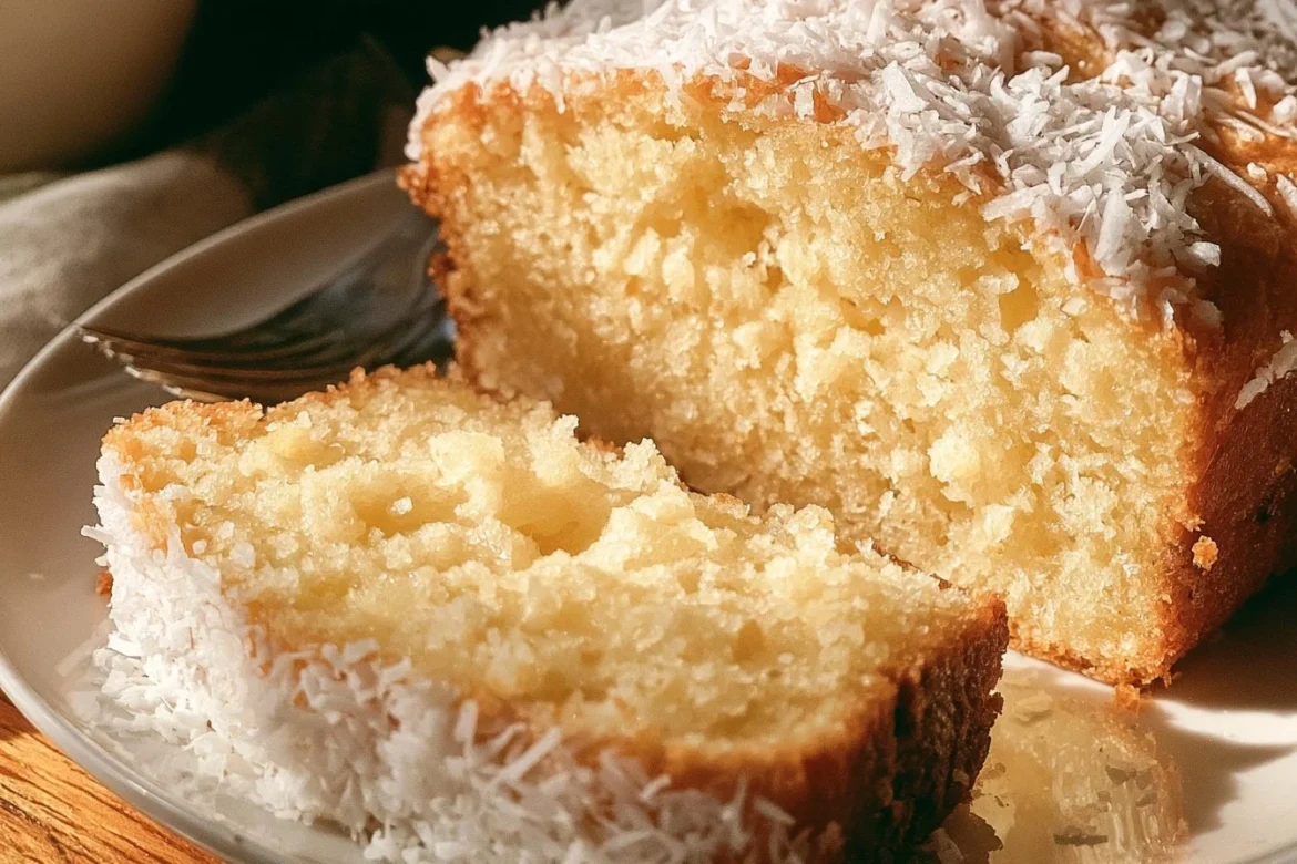 Delicious slice of Coconut Loaf Cake topped with coconut flakes