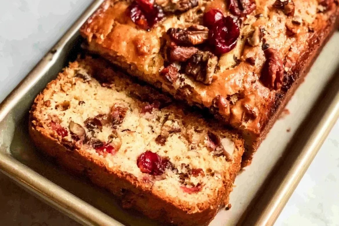 Moist and flavorful cranberry nut bread fresh from the oven