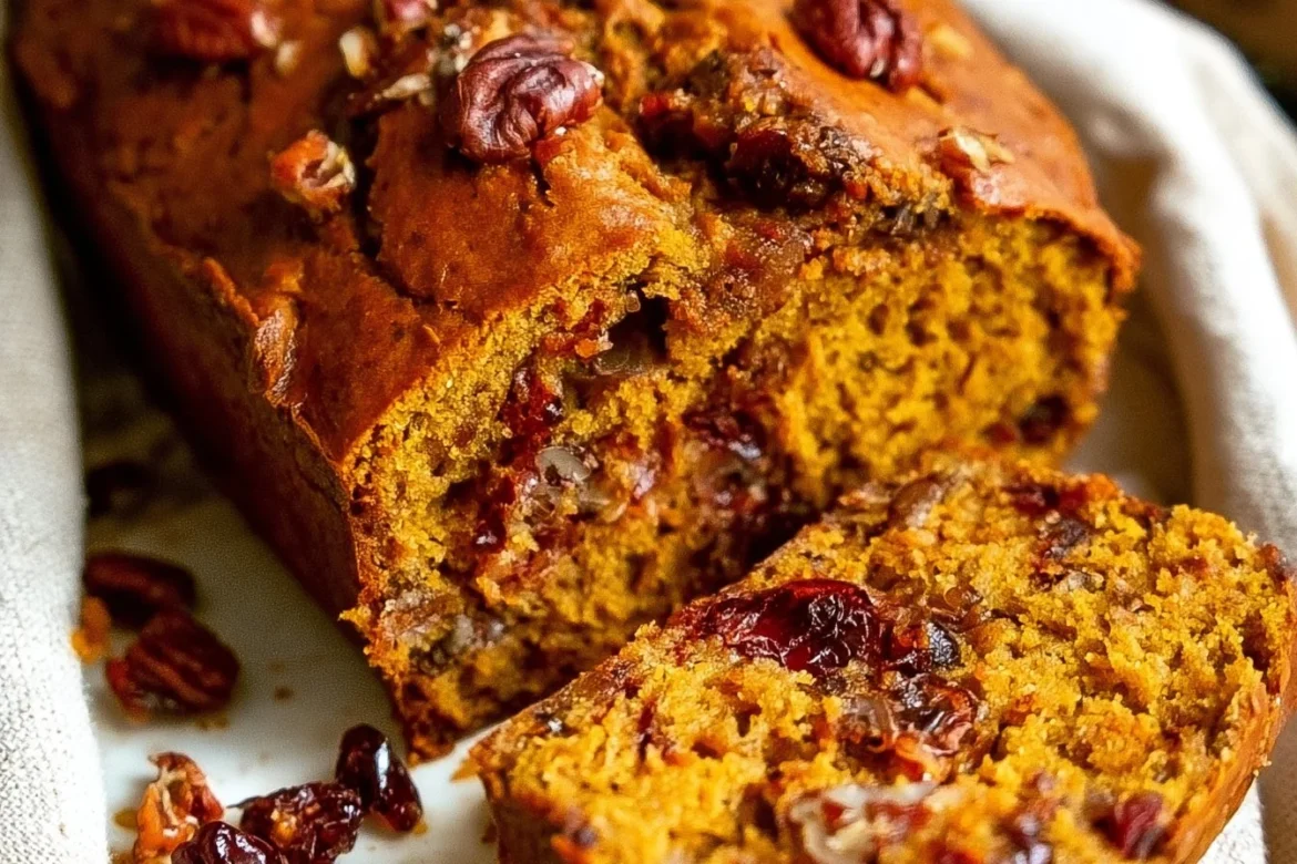Slices of cranberry pecan pumpkin bread on a wooden table