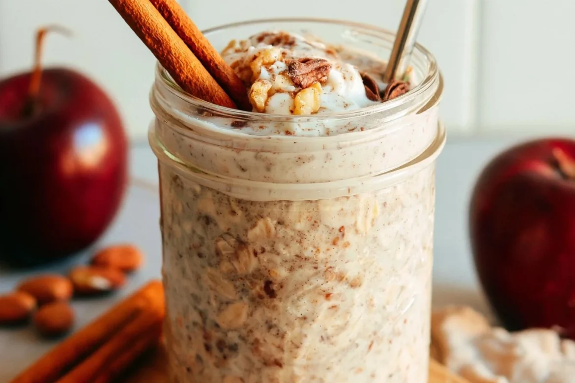 Delicious easy chai spiced overnight oats in a bowl with spices