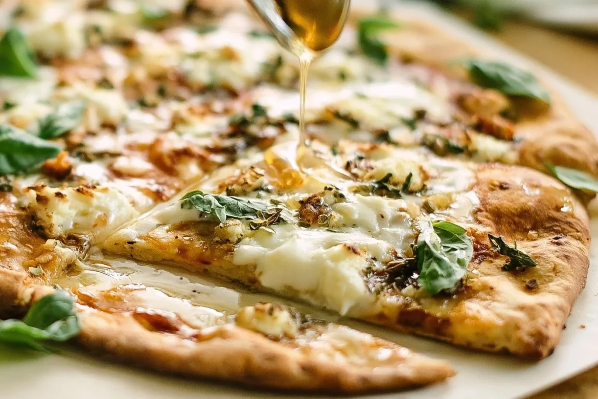 Delicious grilled honey goat cheese pizza topped with fresh herbs and honey glaze.