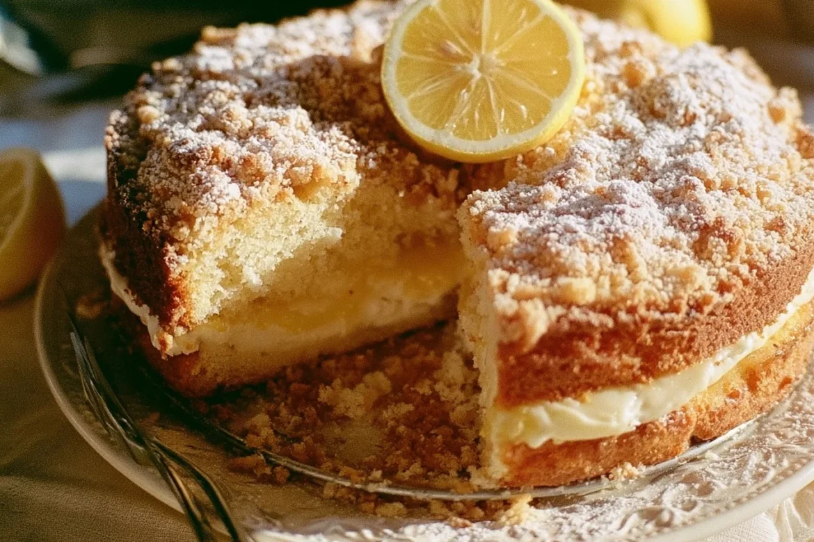 Lemon Cream Cheese Coffee Cake slice on a plate with a fork