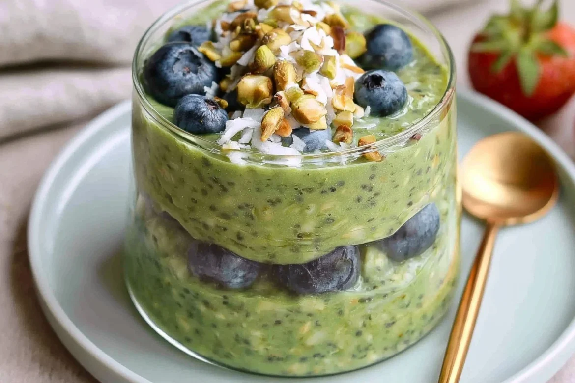 Bowl of matcha overnight oats topped with fresh fruits and nuts