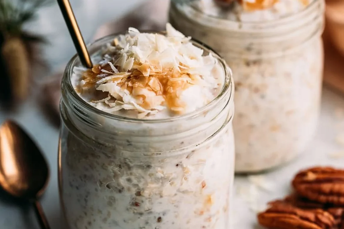 Meal Prep Coconut Cream Pie Overnight Oats in a glass jar