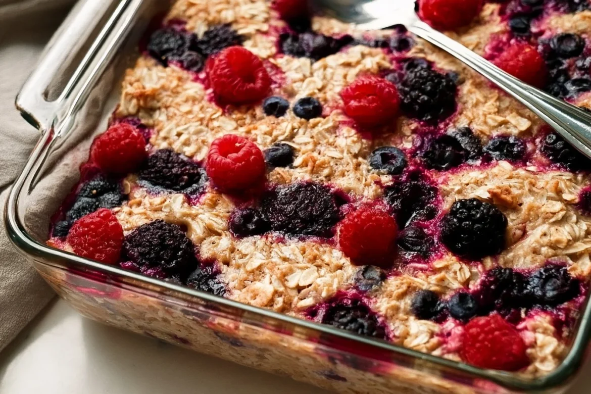 Delicious mixed berry baked oatmeal served in a bowl, topped with fresh berries.