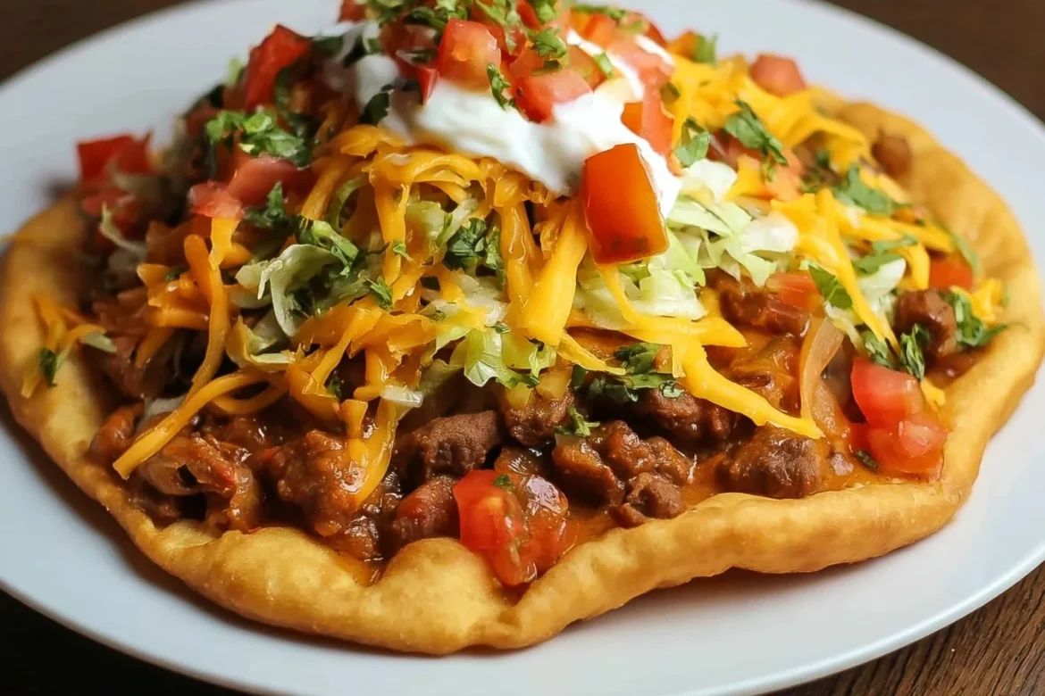 Delicious Navajo taco fry bread topped with fresh ingredients on a plate