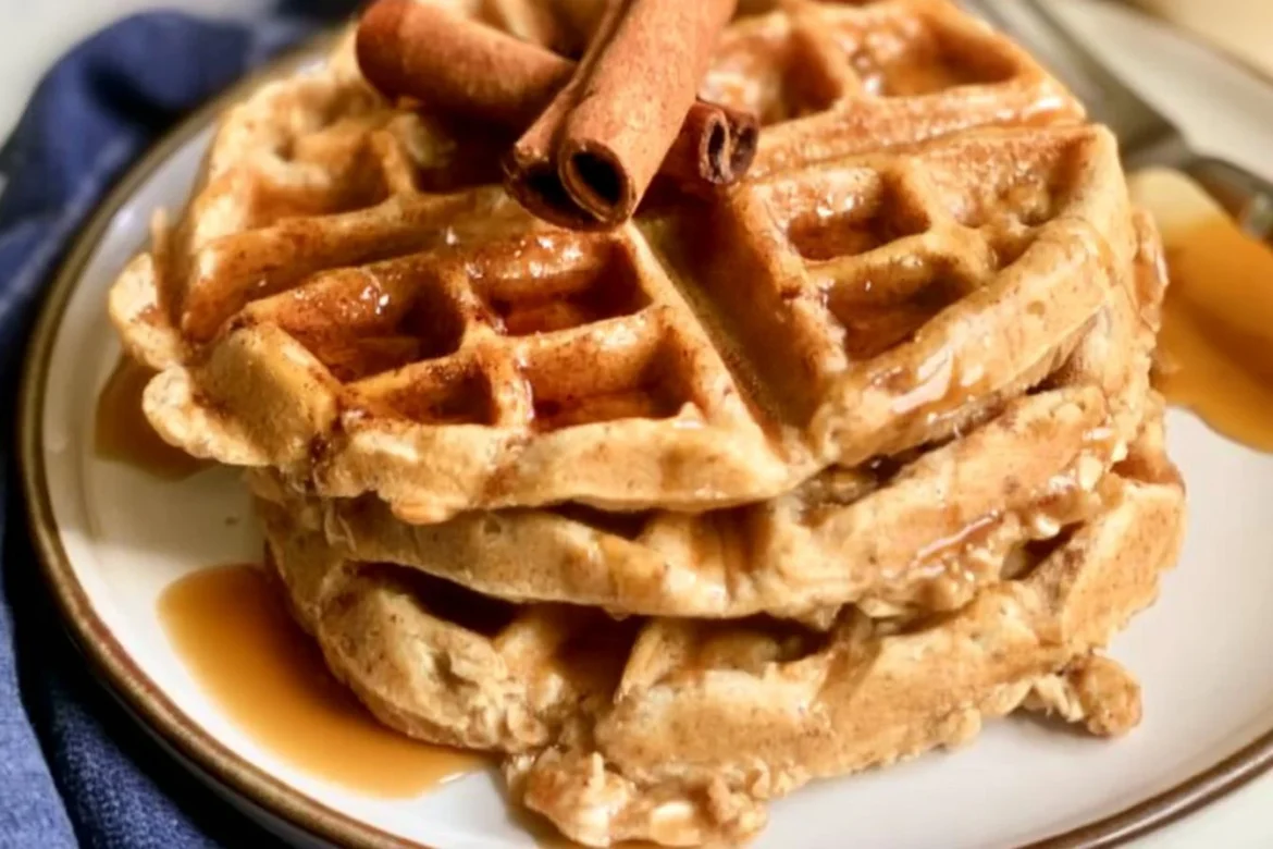 Oatmeal cinnamon waffles topped with syrup and fresh fruit on a white plate.