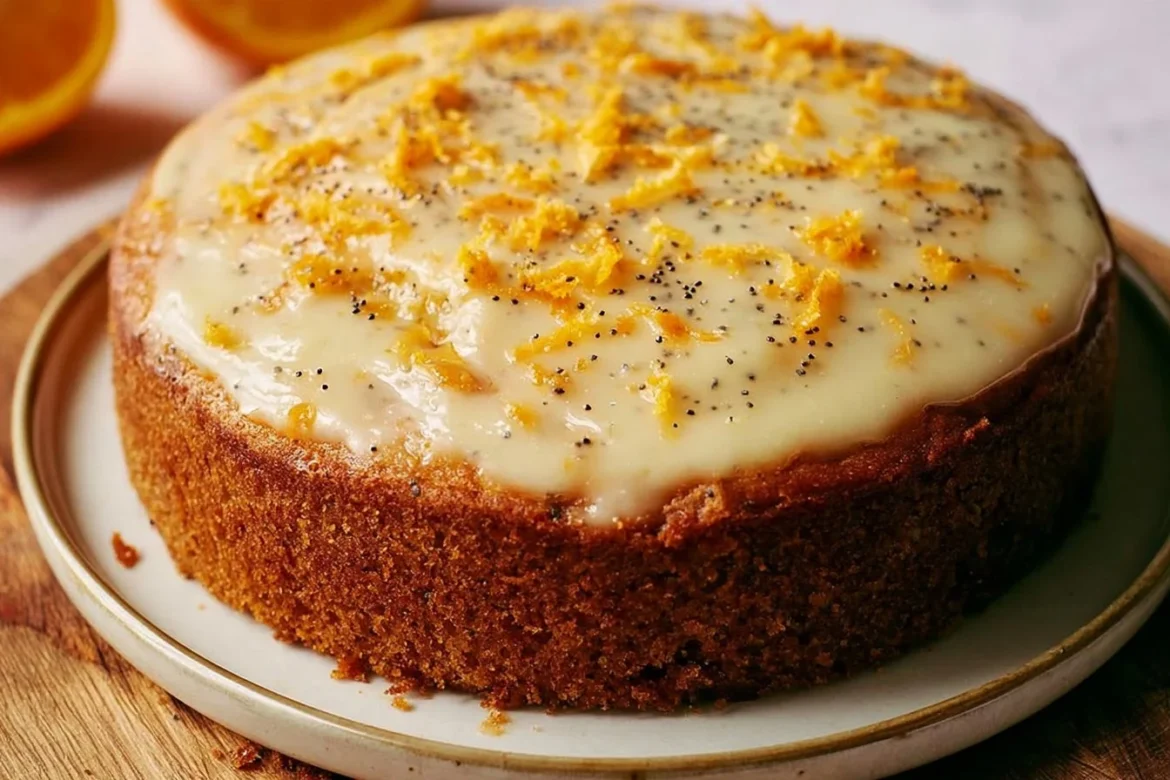 Delicious orange poppy seed cake sliced and garnished on a plate
