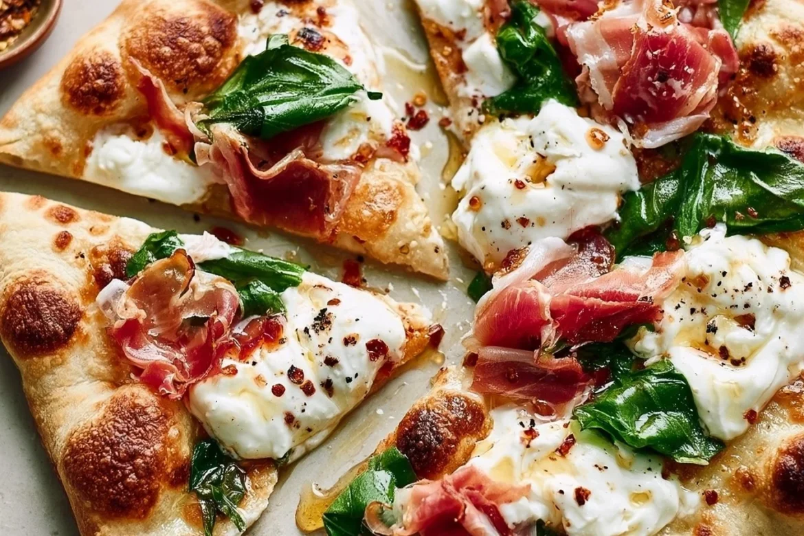 Delicious prosciutto and honey burrata pizza fresh out of the oven