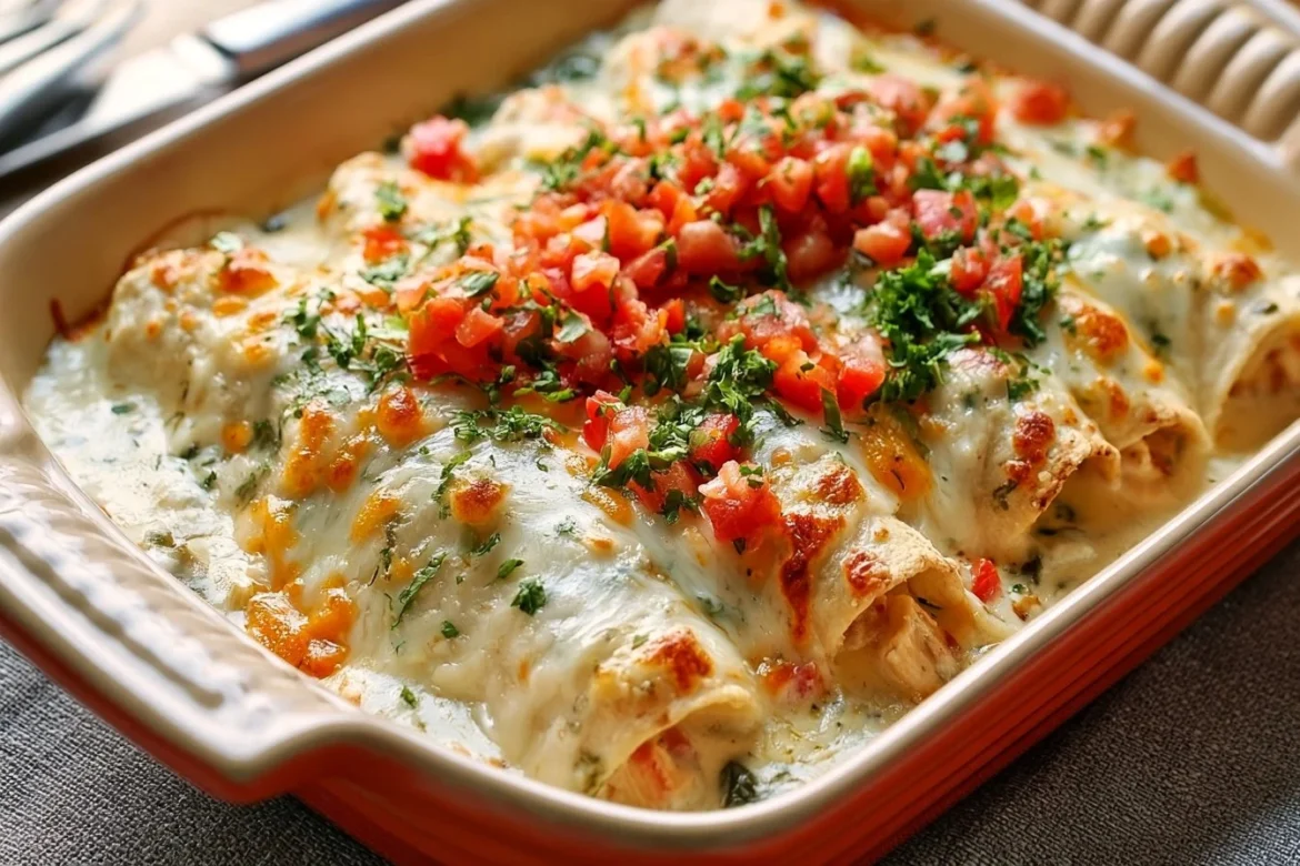 Delicious queso chicken enchiladas topped with melted cheese and served on a plate