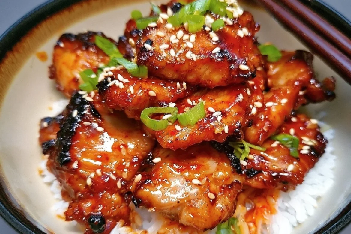 Delicious Spicy Korean Chicken served with sesame seeds and green onions.
