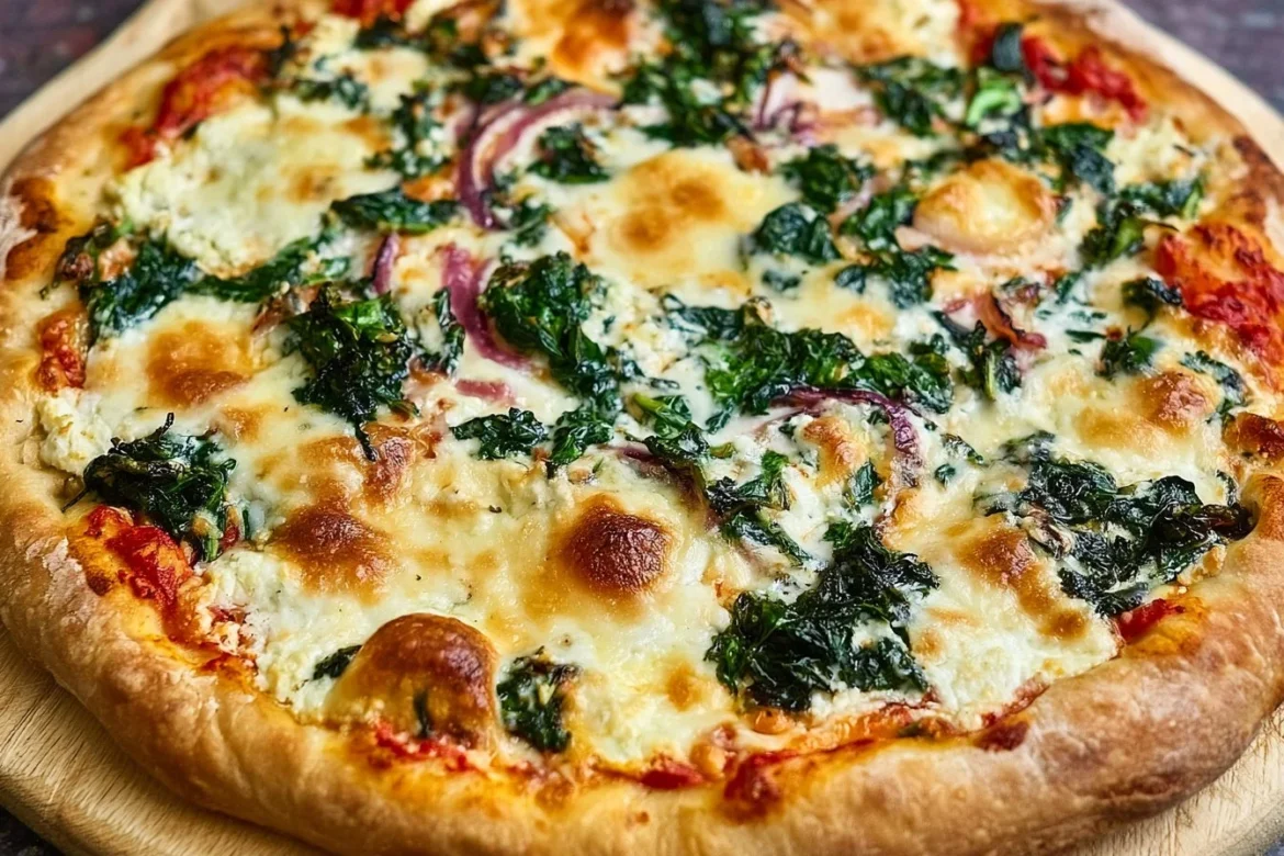Delicious Spinach Ricotta Pizza topped with fresh spinach and creamy ricotta cheese