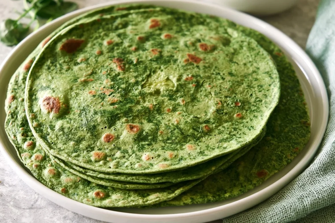 Freshly made spinach tortillas on a wooden platter